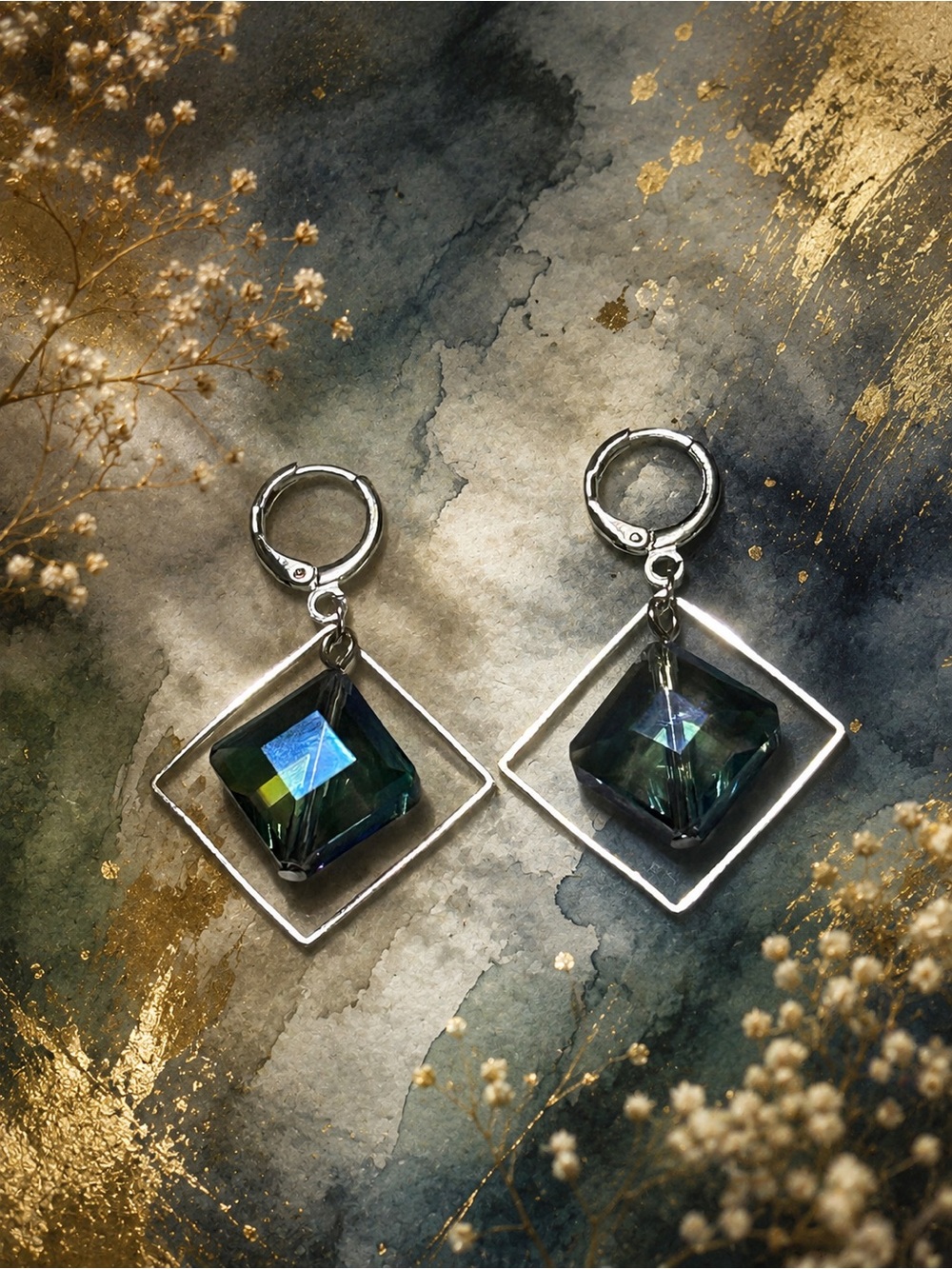 Title: Aurora Crystal Frame Earrings Blue AB Silver Leverbacks